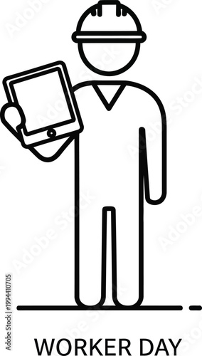 A construction worker holding a tablet on a workday