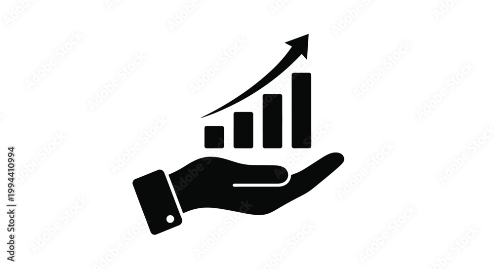 Fototapeta premium Minimalist vector graphic illustration featuring a human hand holding a business growth bar chart with an upward trend arrow representing financial progress and economic success today