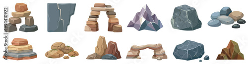 colorful rock and stone icons set with boulders, cliffs and natural formations, flat vector illustration isolated on transparent background