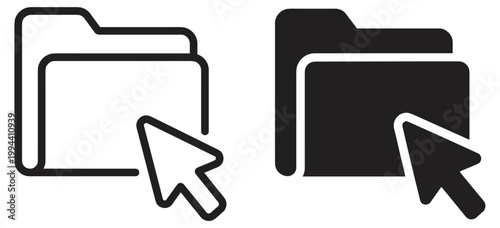 folder and cursor icon, file directory click symbol, outline and silhouette vector illustration on transparent background