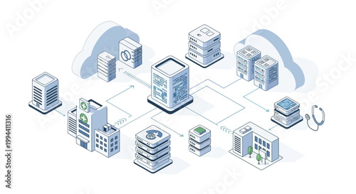 Illustration of a connected healthcare network with servers, hospitals, and cloud infrastructure.