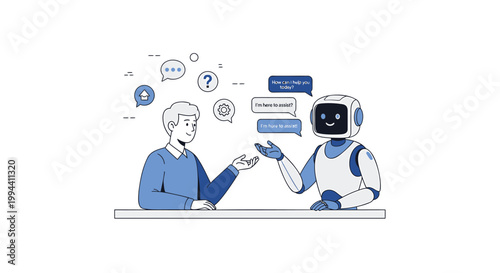 Robot, human interaction, chat bot, customer service, support vector illustration