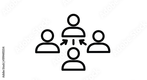 Simple black line vector graphic showing a group of four people with arrows connecting them together to illustrate corporate teamwork or business organizational management structure