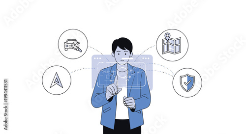 Businessman, technology icons, security shield, transportation, communication symbols, vector illustration