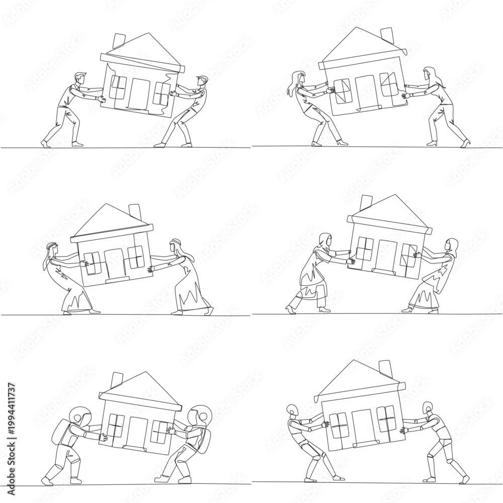 Obraz premium Continuous line drawing portrays a man, woman, Arab, astronaut, and robot pulling miniature house together. An excellent property conflict concept suited nicely for real estate blog post layout.