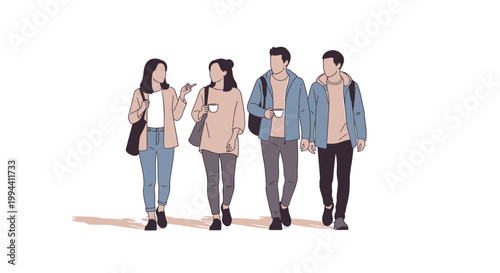 Flat design young adults walking, group of friends strolling, casual people illustration, vector set