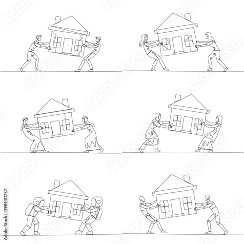 Continuous line drawing portrays a man, woman, Arab, astronaut, and robot pulling miniature house together. An excellent property conflict concept suited nicely for real estate blog post layout.