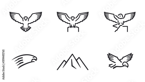 Eagle Icon Set: A selection of six distinctive eagle-themed icons, rendered in a minimalist line art style, showcasing the majestic bird in various poses and forms