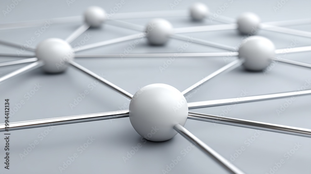 Obraz premium Abstract connection concept showcasing white spheres interconnected with thin rods against a soft gray background, representing networking and collaboration