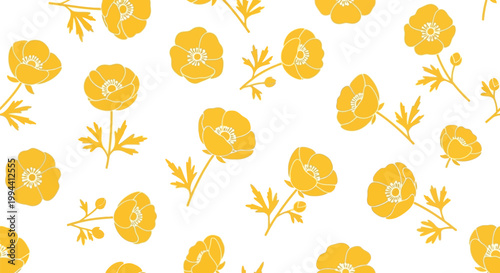 Canvastavla Seamless pattern of yellow anemone flowers and leaves, hand-drawn sketch style
