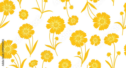Seamless pattern of yellow marigold flowers and buds on a white background, simple floral design