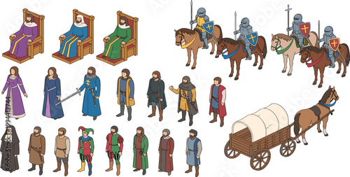 Billede på lærred Medieval People and Knights Collection with Royal Characters Soldiers Horses Wagon and Historical Costumes Cartoon Style Vector Illustration Set