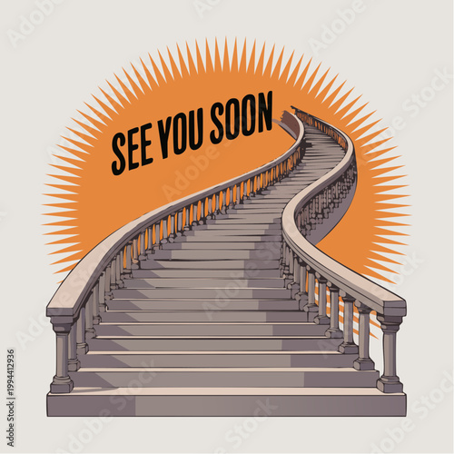 Stylish winding staircase with 'SEE YOU SOON' text and sunburst design