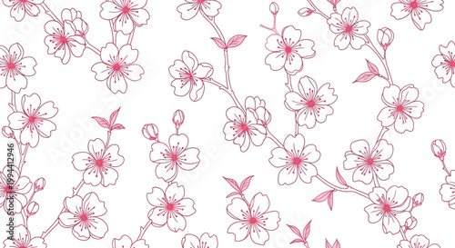 Delicate pink cherry blossom flowers and buds on branches, a simple floral pattern