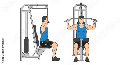 A man performs a lat pulldown exercise on a gym machine focusing on back and shoulder muscles