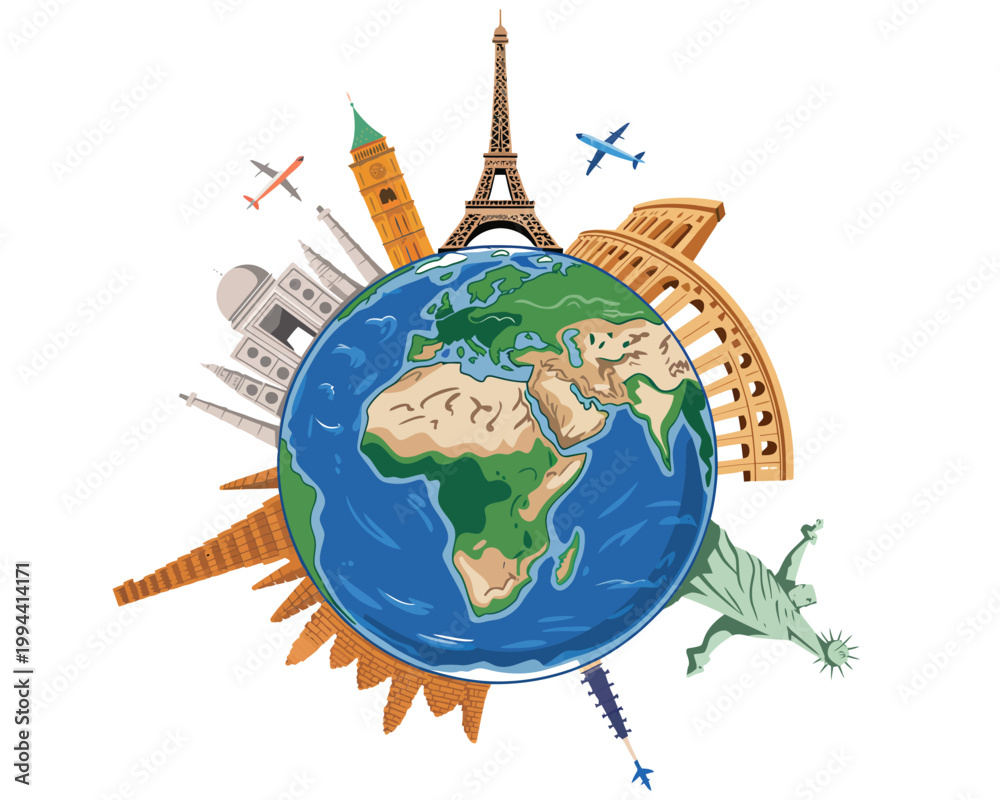 Naklejka premium Global travel and world landmarks concept, vector illustration of planet earth surrounded by famous monuments like Eiffel Tower, Colosseum, Taj Mahal, and Statue of Liberty isolated on white.