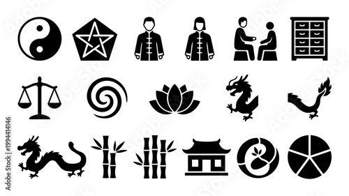 Traditional Chinese Medicine Clinic and Philosophy Silhouette Set – TCM Concepts and Wellness Icons Collection