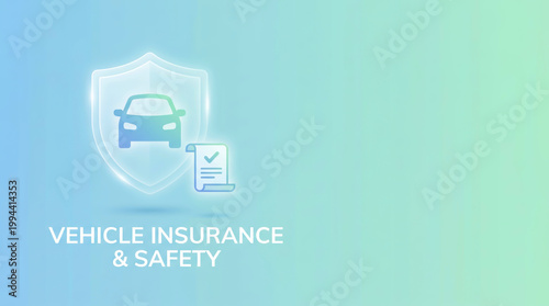 Vehicle insurance and safety concept with car icon inside protective shield and policy document on blue gradient background for automotive security coverage and risk management services.