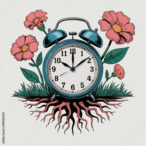 Vibrant illustration of an alarm clock with roots and colorful flowers