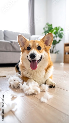 Corgi dog lying on floor with shredded paper.