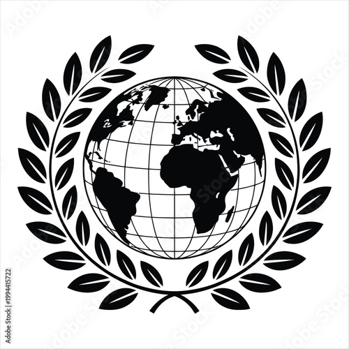 Black globe with laurel wreath on white background
