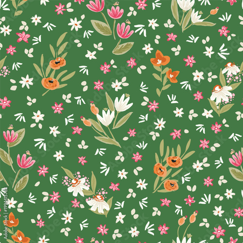 Hand painted cute, pretty flowers with leaves and stems, forming a maximalist botanical design in colors of off white, orange, pink and green. Floral seamless vector pattern. Great for home decor, etc