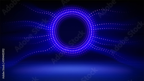 Neon color background. Round frame with tentacles made of LED dots, neon blue purple glow. Abstract background, backdrop for displaying products, text, presentation, advertising. Vector