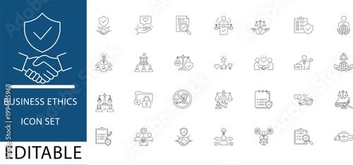Business ethics and compliance icon set featuring 24 outline symbols. Vector icons for corporate social responsibility, law, honesty, and fair trade. Editable stroke UI elements.