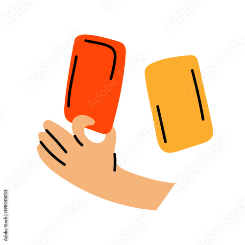 Referee hand holding red and yellow cards. Gross violation. Punishment. Perfect for football rules, match situations and sports infographics.