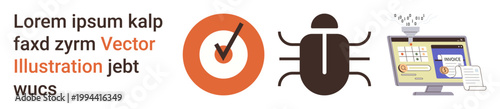 Data protection, online security, malware threats, risk management, antivirus solutions, digital safety. Orange checkmark, bug symbol and computer screen displaying a security alert. Cybersecurity
