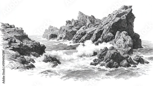 Dramatic rocky sea coast with waves engraving sketch illustration in vintage style detailed scene