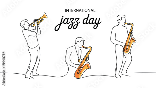 International Jazz Day illustration with musicians playing trumpet and saxophone, minimal line art design celebrating jazz music, rhythm, creativity and global cultural festival 