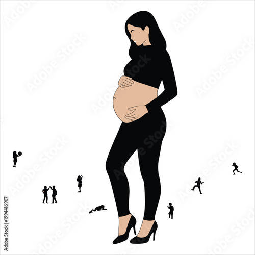 Pregnant woman in black with tiny people around her