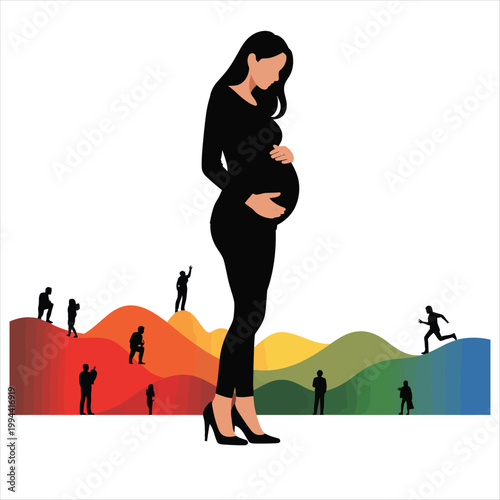 Pregnant woman silhouette against colorful abstract landscape