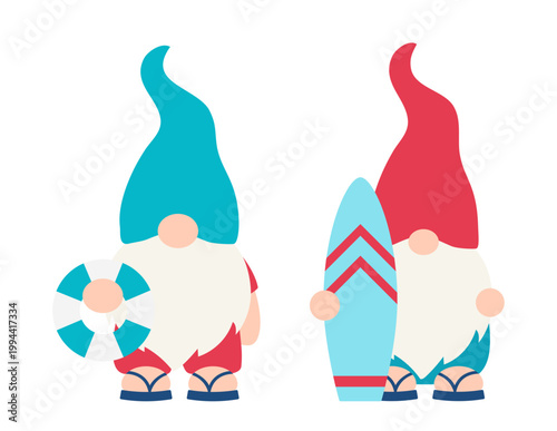 Summer Beach gnome holding surfboard and swimming ring
Set of funny summer gnome vector illustration. 