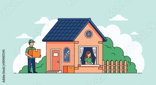 A cartoon illustration depicts a cozy hallway with a vibrant green door and autumn decorations