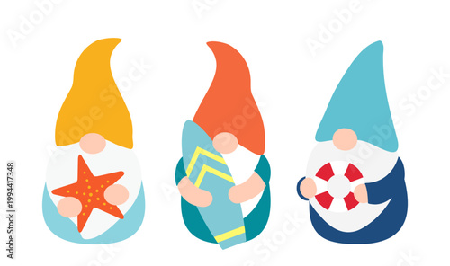Set of funny summer gnome vector illustration. 
Summer Beach gnome holding surfboard, starfish, and swimming ring.