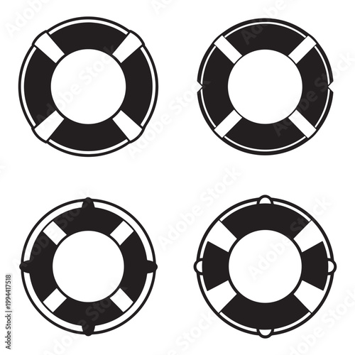 Four black and white lifebuoys with different designs and orientations on plain white background  lifebuoy  rescue  safety  floating device