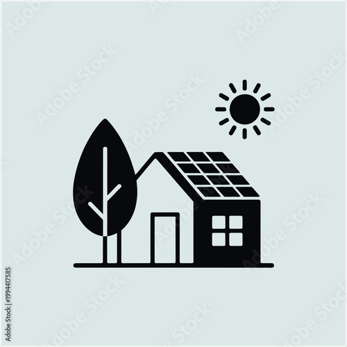 Black house with solar panels and sun on light blue background