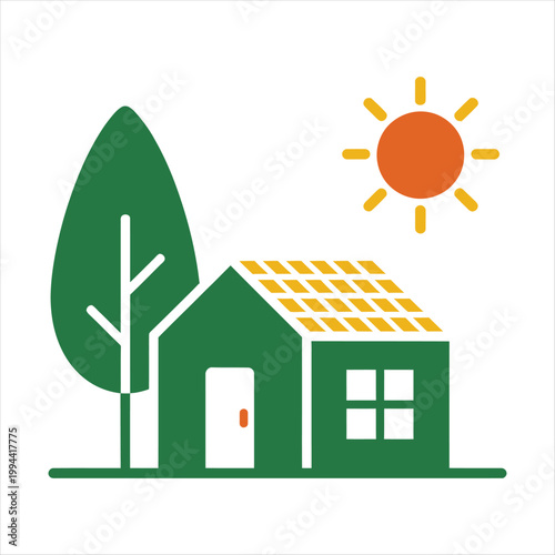 Green house with tree and sun on white background home