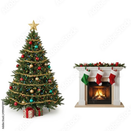 Cozy holiday scene featuring a decorated christmas tree and a fireplace adorned with festive stockings isolated on white background