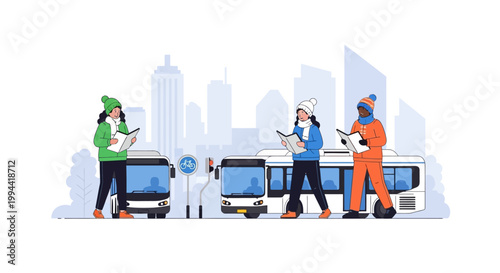People standing at bus stop waiting for public transport in winter. EPS Editable. Vector Illustrations.