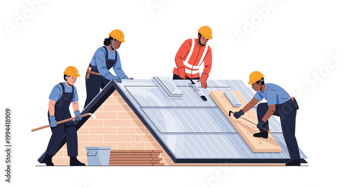 Professional roofing team installing new solar panels on residential home roof. EPS Editable. Vector Illustrations.