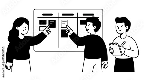 Professional Team Collaborating on Agile Kanban Board Project Management. EPS Editable. Vector Illustrations.