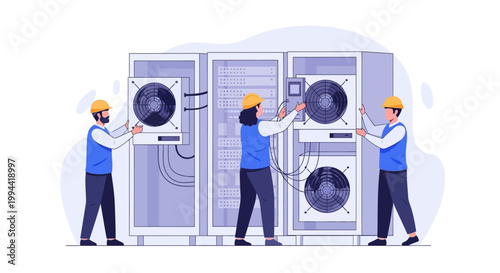 Professional technical team working on server hardware installation and maintenance. EPS Editable. Vector Illustrations.