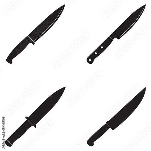Four black kitchen knives with different handles on white background for cutting various foods in cooking and culinary activities at home or restaurant  kitchen utensils