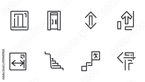 Navigational Symbols: A collection of minimalist line-art symbols representing essential navigational elements commonly found in architectural design, conveying the essence of accessibility, guidance.