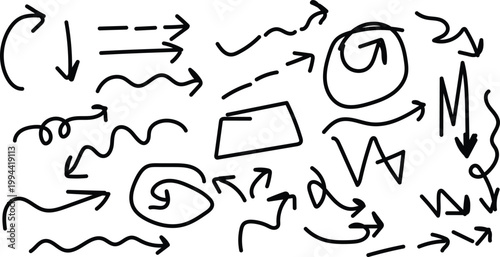 Collection of hand drawn arrows and scribbles on a white background
