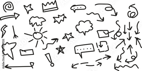 Collection of hand drawn scribbles and abstract symbols in black and white
