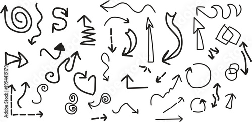 Collection of hand drawn arrows lines and scribble shapes in black and white
